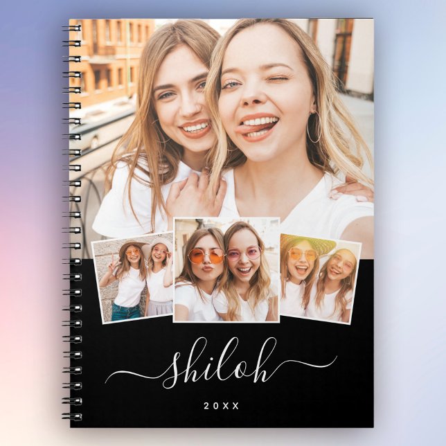 Anpassat namn Trendig Modern skript 4 Fotokollage Anteckningsbok (Notebook magic! Your custom name, trendy script, and 4-photo collage diary!)
