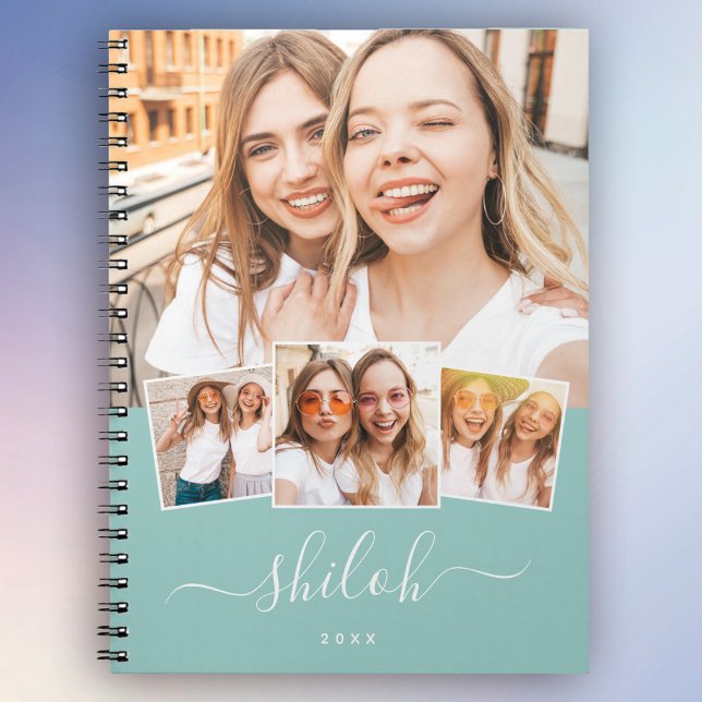 Anpassat namn Trendig Modern skript 4 Fotokollage Anteckningsbok (Personalized perfection for stylish notes & memories. ✨📓 #CustomDesign #TrendyNotebook)