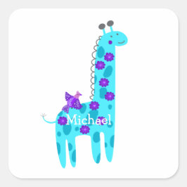 Anpassat namn Turcos Giraffe Cute Lila Bird Fyrkantigt Klistermärke