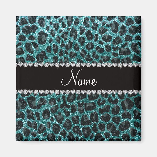 Anpassat namn turkos glitter leopard magnet (Framsidan)