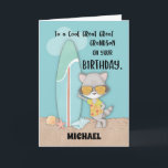 Anpassat namn Underbar Underbar Grandson Birthday  Kort<br><div class="desc">Den här coolan på framsidan av det här roligten-kortet är hälsning din underbara underbara barnson en grattis på födelsedagen medan han njuter av sin surfdag på stranden. Detta kommer att påminna din kära om att sommartid är födelsetid och roligt.</div>
