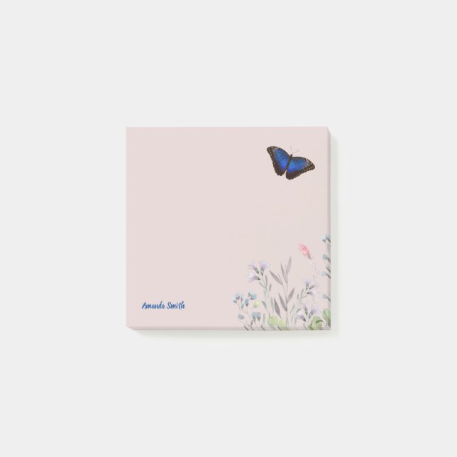 Anpassat namn Vacker Morpho Butterfly Wildblommor Post-it Block (Framsida)