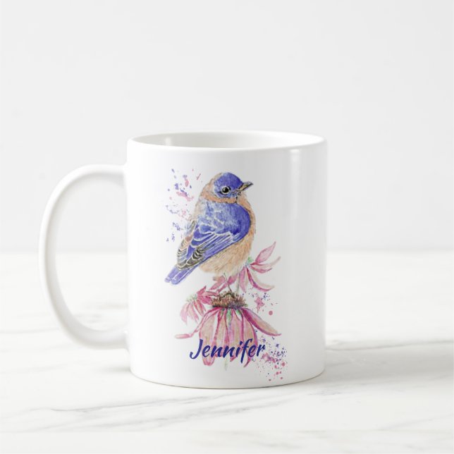 Anpassat namn Vattenfärg Bluebird Garden Bird Art Kaffemugg (Vänster)