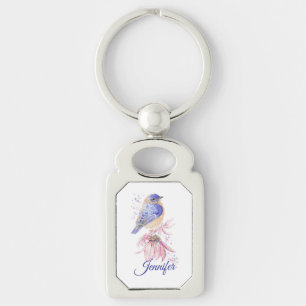 Anpassat namn Vattenfärg Bluebird Garden Bird Art Rektangulärt Silverfärgad Nyckelring
