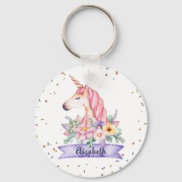 Anpassat namn Vattenfärgsblomma Unicorn Girl Nyckelring