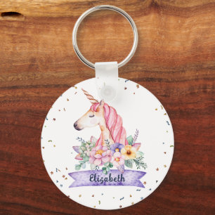 Anpassat namn Vattenfärgsblomma Unicorn Girl Nyckelring