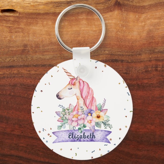 Anpassat namn Vattenfärgsblomma Unicorn Girl Nyckelring (Framsida)