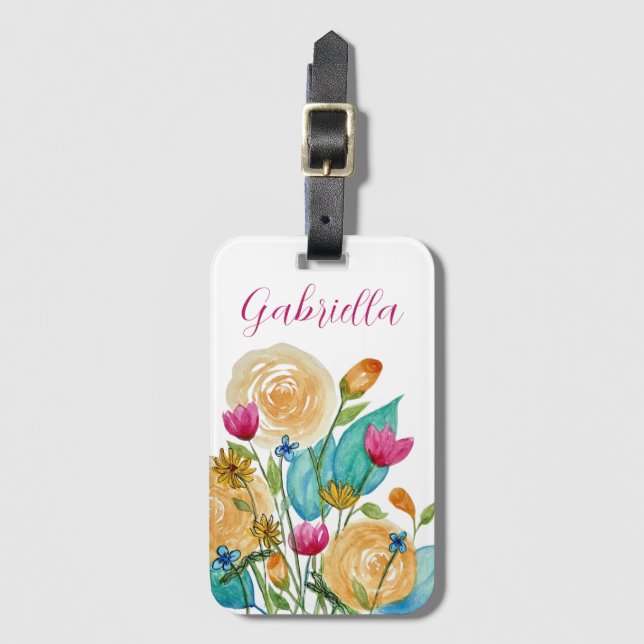 Anpassat namn - vattenfärgsblommor bagagebricka (Framsida vertikal)