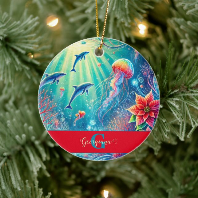 Anpassat namn Viktigt Blommigt Coral Reef Poinsett Julgransprydnad Keramik (Träd)