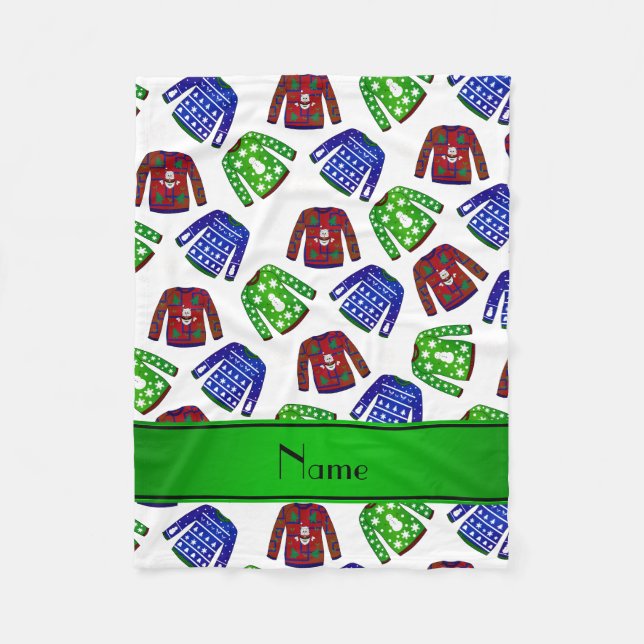 Anpassat namn vit ful christmas sweater mönster fleecefilt (Framsidan)