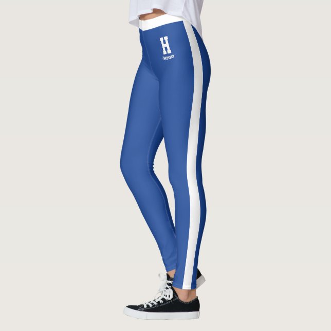 Anpassat Namn Vitt Royalblått Monogram Ränder Leggings (Vänster)