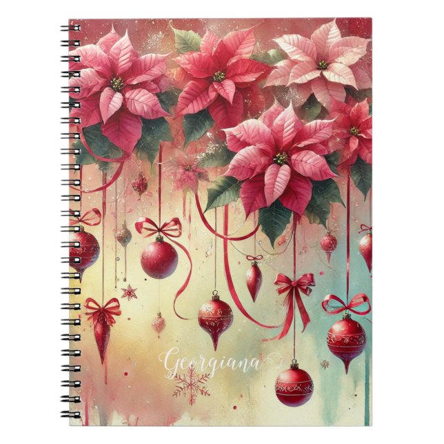 Anpassat namn Whimsical Poinsettia jul Baubles Anteckningsbok (Framsidan)
