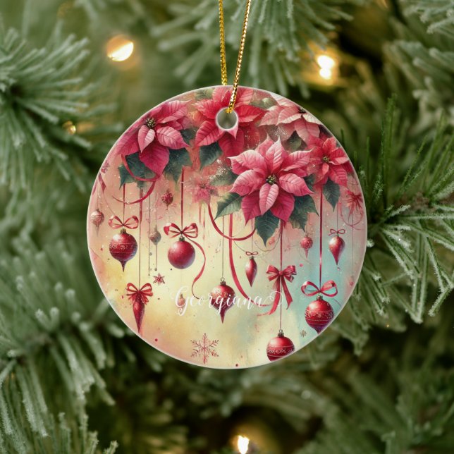 Anpassat namn Whimsical Poinsettia jul Baubles Julgransprydnad Keramik (Träd)