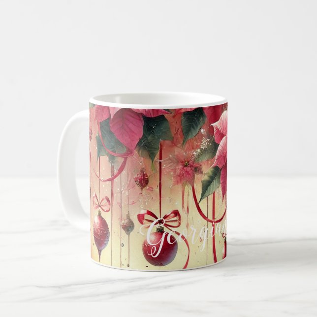 Anpassat namn Whimsical Poinsettia jul Baubles Kaffemugg (Framsida vänster)