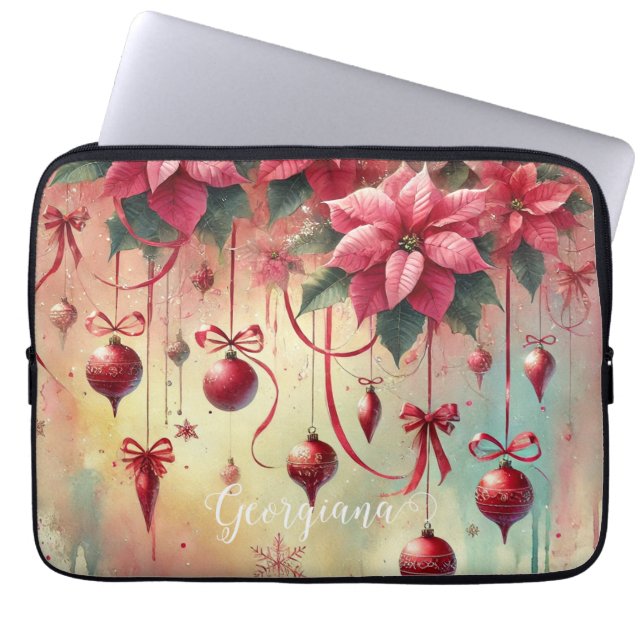 Anpassat namn Whimsical Poinsettia jul Baubles Laptop Fodral (Framsidan)