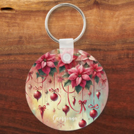 Anpassat namn Whimsical Poinsettia jul Baubles Nyckelring