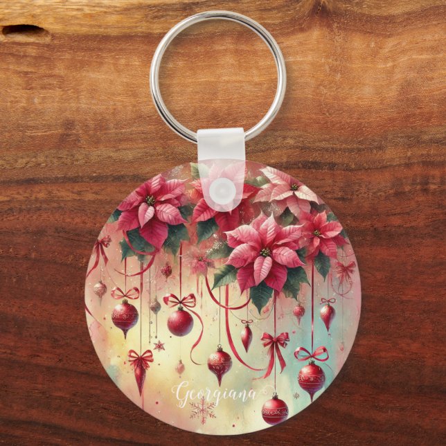 Anpassat namn Whimsical Poinsettia jul Baubles Nyckelring (Framsida)