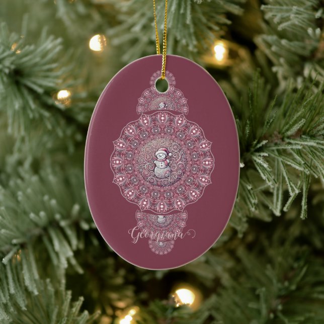 Anpassat namn Whimsical Snögubbe Ornamental Mandal Julgransprydnad Keramik (Träd)