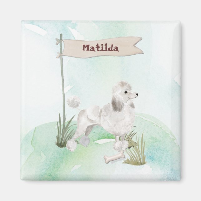 Anpassat namn White Pudel Pet Hund Magnet (Framsidan)