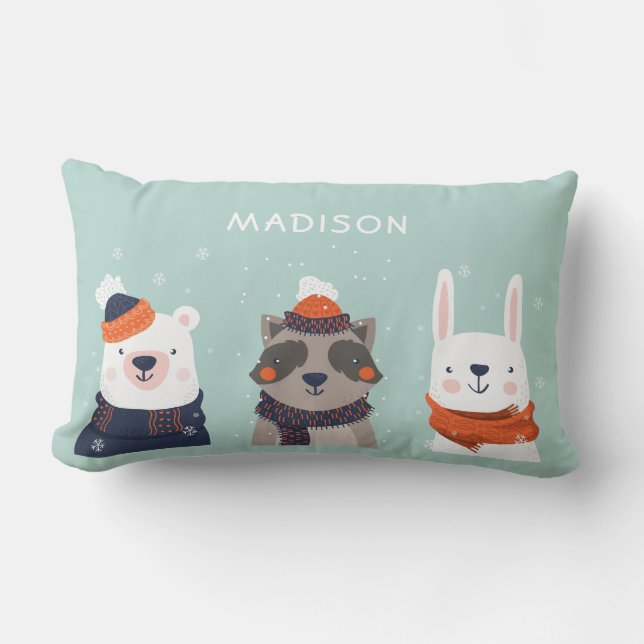 Anpassat namn Winter Animals dekorativ kudde (Framsida)