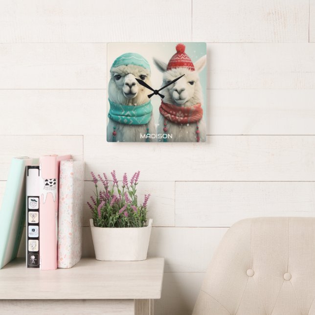Anpassat namn Winter Llamas Fyrkantig Klocka (Läsesal)
