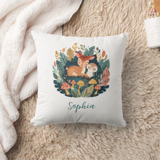 Anpassat namn Woodland Fawn Floral Nursery Kudde (Filt)
