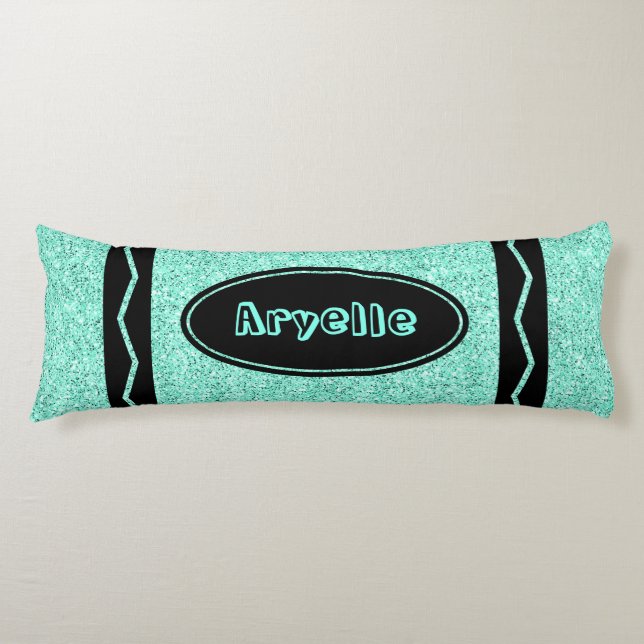 Anpassat namnbrödtext för Aqua Blue Glitter Crayon Kroppskudde (Framsidan)