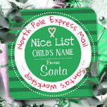 Anpassat namnfack för North Pole-post i Nice-lista Fyrkantigt Klistermärke<br><div class="desc">Bakgrund till Stripe mönster. En bra lista med Noordpole Express roligt anpassningsbar ungar namn Juletiketter. Roligtens klistermärken att lägga till i barnpresenter! grönt</div>