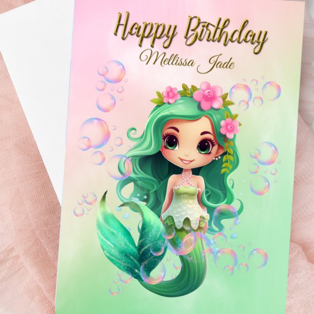 Anpassat namnflickans födelsedagskort i Sjöjungfru Kort (Mermaid Birthday Card - Personalized )