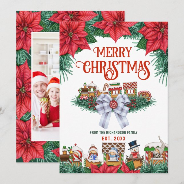 Anpassat namnfoto för god jul Festive Blommigt Julkort (Fram/baksida)