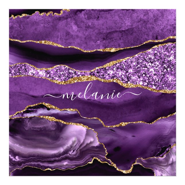 Anpassat namnfoto för lila Guld Glitter Marble Skr Fototryck (Framsidan)