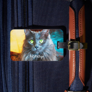 Anpassat namnskript för Cute fluffy grått-kattfoto Bagagebricka