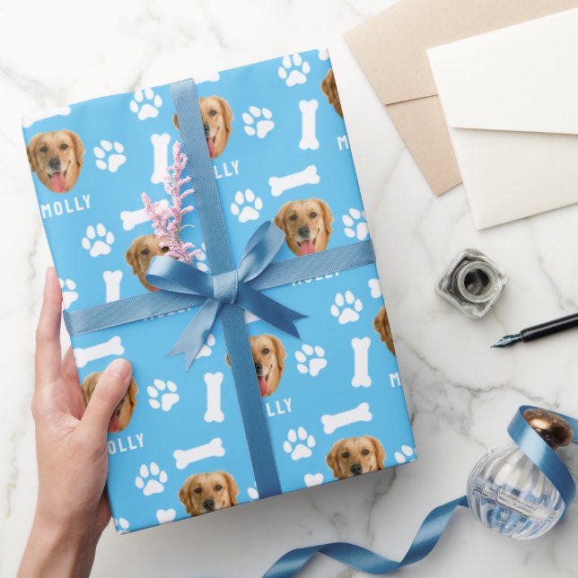 Anpassat Pet Photo & Namn Blue Presentpapper (Gifting)