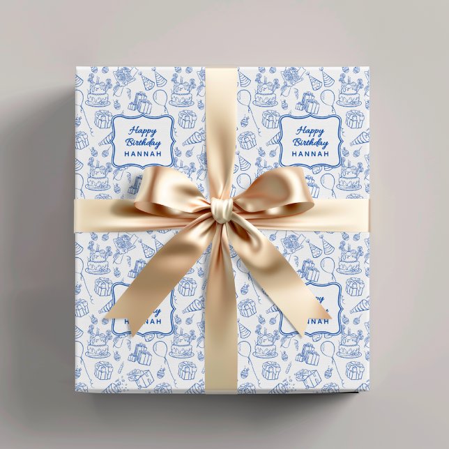 Anpassat presentpapper för barnkalas Blå fest dood (Blue Birthday Wrapping Paper, Kids Birthday Gift Wrap, Girls Boys Birthday Wrapping Paper)