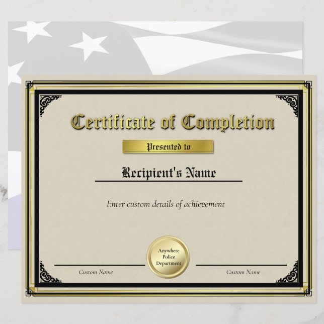 Anpassat tunn blå linje guldstämpelcertifikat (Fram/baksida)