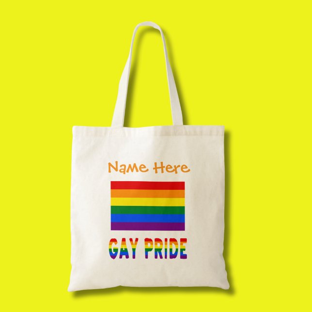 Anpassning av gay pride Rainbow Flagga Orange Tygkasse (Tote bag has the Gay Pride Rainbow Flag with words below, GAY PRIDE. Add a name above.)