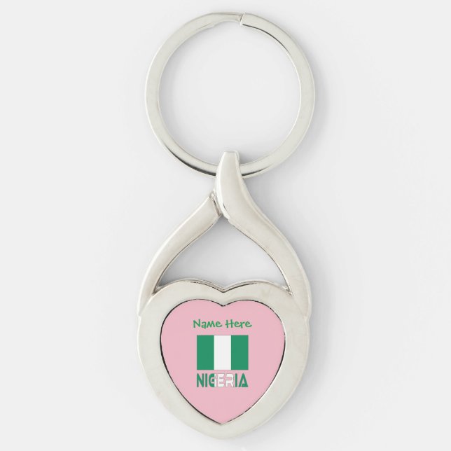 Anpassning av Nigerias Grönt för Flagga Twisted Heart Silverfärgad Nyckelring (Framsidan)