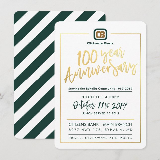 ANPASSNINGSBAR 100 ÅRSDAGEN PARTY - Medborgarbanke Inbjudningar (Fram/baksida)