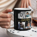 Anpassningsbar 10 fotokollage ditt textfamiljskrip kaffemugg<br><div class="desc">Skapa din egen vackra familj, 10 fotokollage svart mugg, med faux guld handskrivet kalligrafi-skript och malltexttypografi "Familj namn, år och vår berättelse fortsätter". Kan vara en personlig i perfekten för familjeårsdag, jul, en gåva till mormor eller morfar, för mamma eller pappa på Mors dag eller Fars dag eller på födelsedagen....</div>