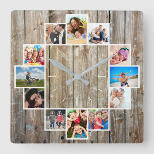 Anpassningsbar 12 Familjefotokollage Rustic Farmho Fyrkantig Klocka