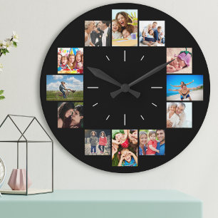 Anpassningsbar 12 Familjeminnen, fotokollage Black Stor Klocka