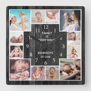 Anpassningsbar 12 Family Photo Collage Rustic Blac Fyrkantig Klocka
