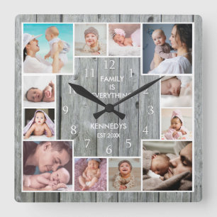 Anpassningsbar 12 Family Photo Collage Rustic Gråt Fyrkantig Klocka
