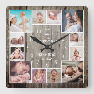 Anpassningsbar 12 Family Photo Collage Rustic Wood Fyrkantig Klocka