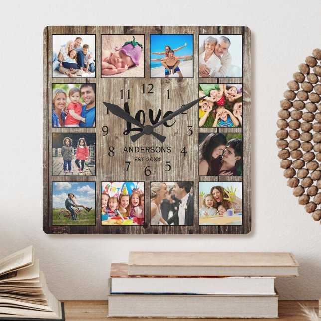 Anpassningsbar 12 Fotokollage Family Kärlek Reclat Fyrkantig Klocka (Skapare uppladdad)
