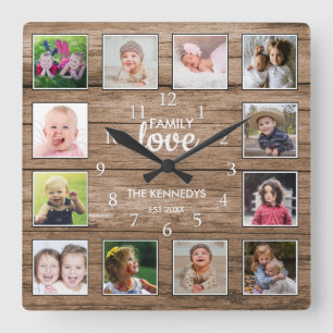 Anpassningsbar 12 Fotokollage Family Kärlek Rusti Fyrkantig Klocka