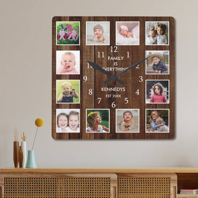 Anpassningsbar 12 Fotokollage Family Quote Pallet  Fyrkantig Klocka (Skapare uppladdad)