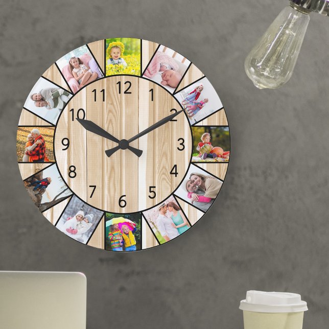 Anpassningsbar 12 Fotokollage Gräs Wood Round Stor Klocka (Photo clock with 12 photos, one at each hour. Great design for your home or a thoughtful photo gift.)