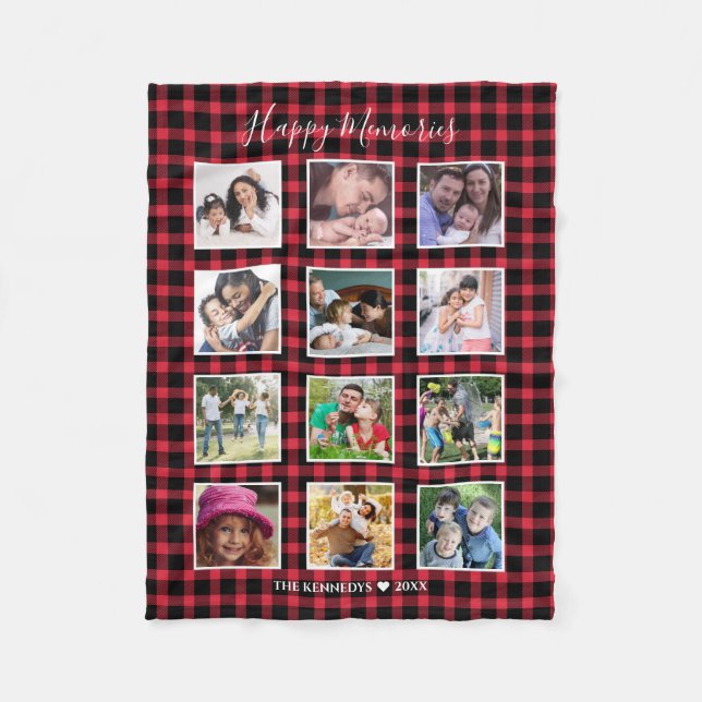 Anpassningsbar 12 Fotokollage Red Buffalo Pached i Fleecefilt (Framsidan)
