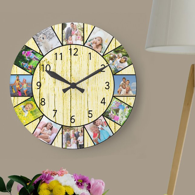 Anpassningsbar 12 Fotokollage Rustic Cream Wood Ro Stor Klocka (Photo clock with 12 photos, one at each hour. Great design for your home or a thoughtful photo gift.)